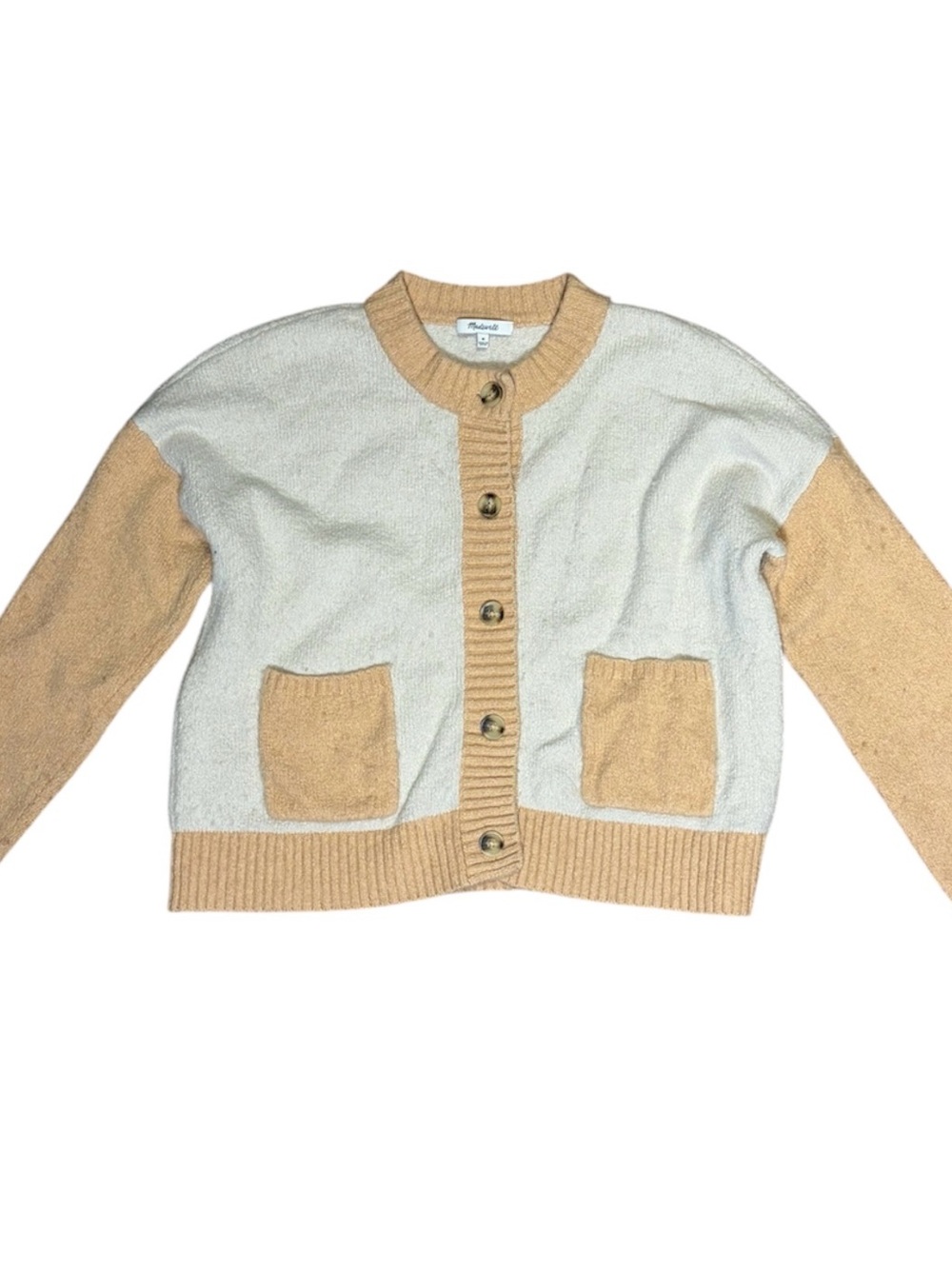 Madewell Cream and Tan Two-Tone Button Cardigan